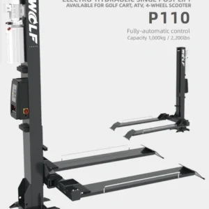 Leeuwis Equipment Wolf P110 1-Koloms Hefbrug - Productpresentatie Met Specificaties En Twee Verschillende Perspectieven Van De Lift