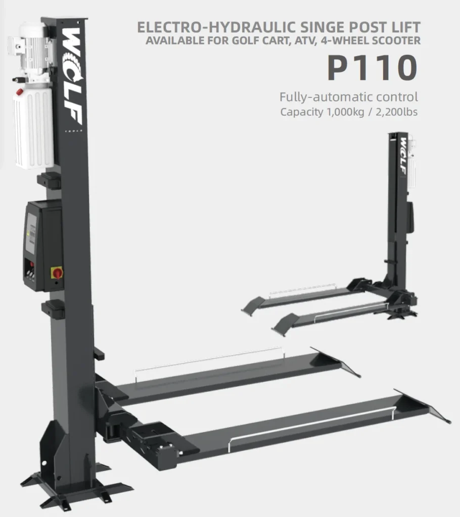 Leeuwis Equipment Wolf P110 1-Koloms Hefbrug - Productpresentatie Met Specificaties En Twee Verschillende Perspectieven Van De Lift