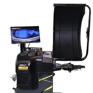 Leeuwis Equipment Wolf W750B Balanceermachine Laser LED - Schuin Vooraanzicht Met Beschermkap En Led Display